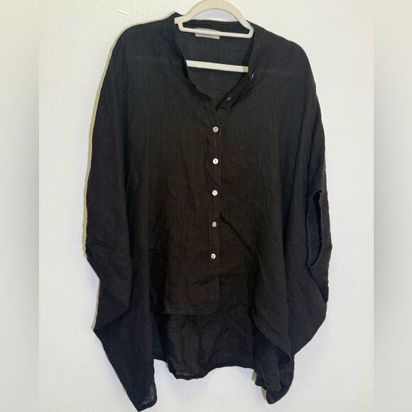 Saga - Oversized Black Linen Shirt Short Dolan Sleeves - One Size fits most - Picture 2 of 7